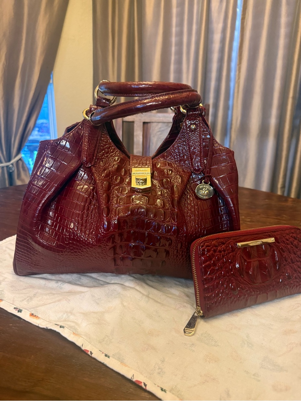 Brahmin Patent Croc-Embossed Satchel and Wallet - Deep Burgundy
